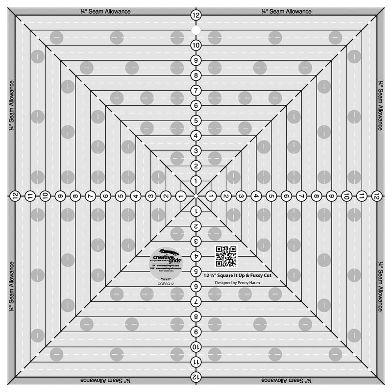 Creative Grids 12-1/2in Square It Up or Fussy Cut Square Quilting Ruler â€“ CGRSQ12 â€“ Made in USA, Non-Slip Grip Acrylic Quilting, Sewing, Crafting, Patchwork Ruler & Template - Image 1